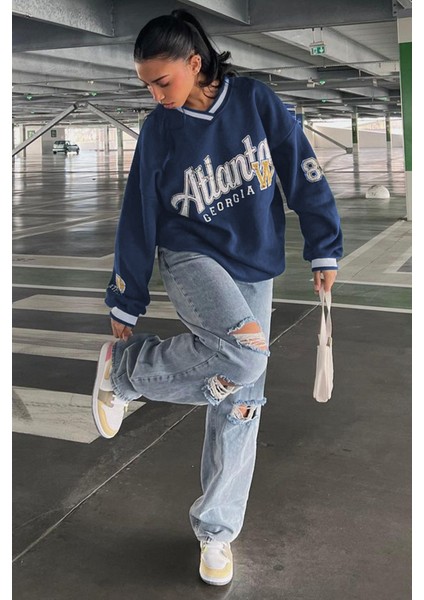 Lacivert Baskılı V Yaka Sweatshirt MG1576 fiyatları