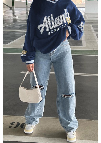 Lacivert Baskılı V Yaka Sweatshirt MG1576 modelleri