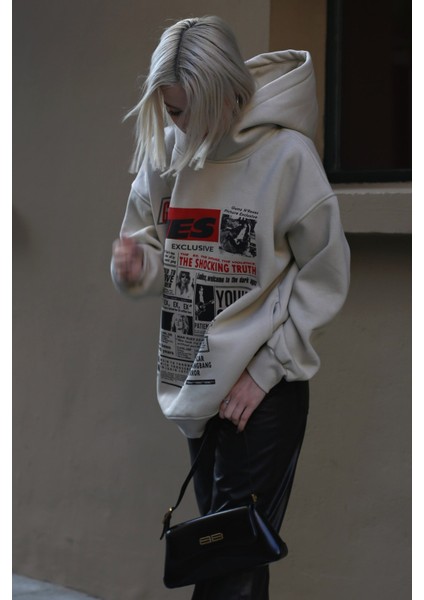 Bej Baskılı Oversize Kapüşonlu Kadın Sweatshirt MG1581 modelleri