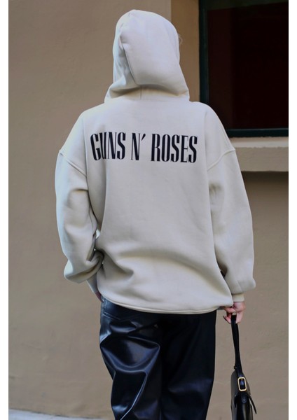Bej Baskılı Oversize Kapüşonlu Kadın Sweatshirt MG1581 fırsatları