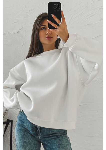 Ekru Basic Sweatshirt Kadın Bisiklet Yaka Uzun Kol Düz Renk Oversize Kalıp