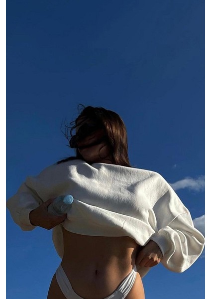 Ekru Basic Sweatshirt Kadın Bisiklet Yaka Uzun Kol Düz Renk Oversize Kalıp fırsatları