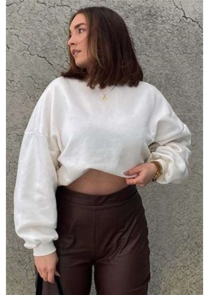 Ekru Basic Sweatshirt Kadın Bisiklet Yaka Uzun Kol Düz Renk Oversize Kalıp indirimleri