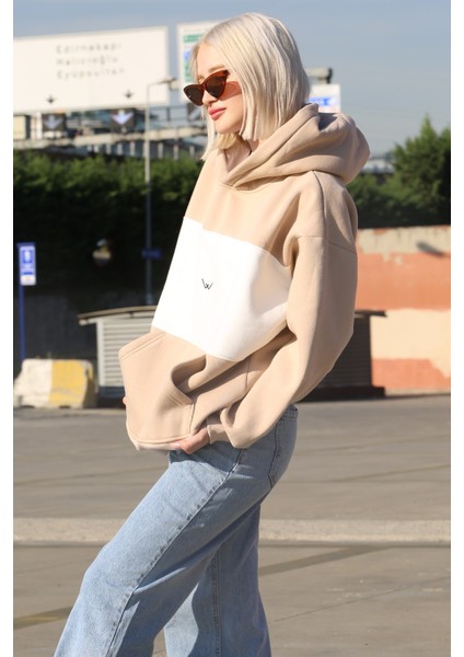 Bej Renk Bloklu Şardonlu Sweatshirt MG1544