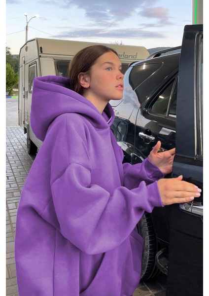 Mor Kapüşonlu Oversize Şardonlu Sweatshirt MG1566