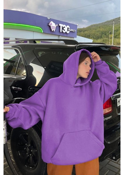 Mor Kapüşonlu Oversize Şardonlu Sweatshirt MG1566