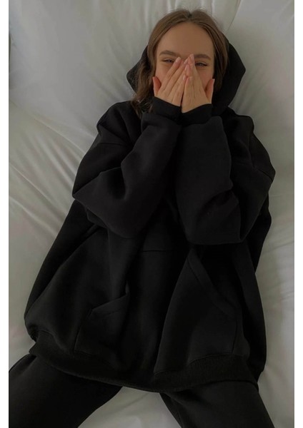 Siyah Kapüşonlu Şardonlu Oversize Sweatshirt MG1566 fiyatları