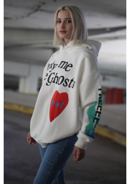 Beyaz Kapşonlu Oversize Sweatshirt MG903