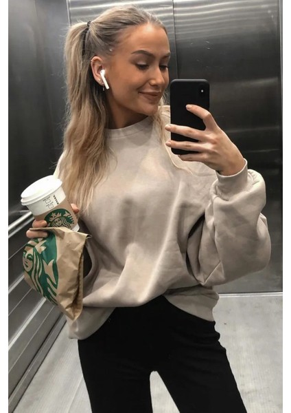 Kadın Sweatshirt Bej Renk Uzun Kol Dik Yaka Günlük Kullanım İçin