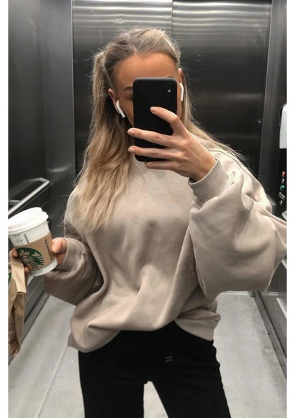 Kadın Sweatshirt Bej Renk Uzun Kol Dik Yaka Günlük Kullanım İçin fiyatları
