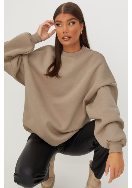 Kadın Sweatshirt Bej Renk Uzun Kol Dik Yaka Günlük Kullanım İçin modelleri