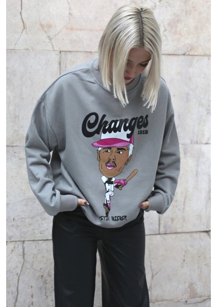 Boyalı Gri Baskılı Oversize Sweatshirt MG1578