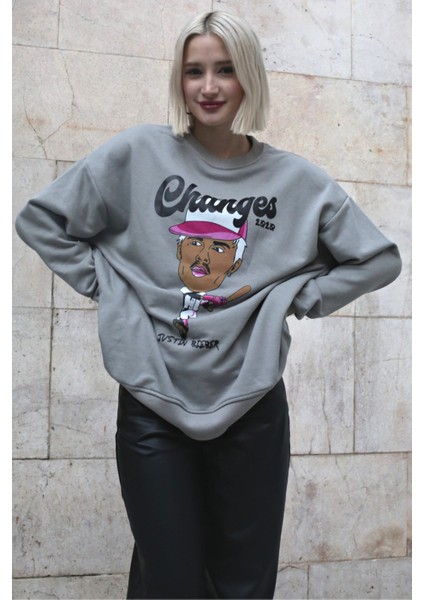 Boyalı Gri Baskılı Oversize Sweatshirt MG1578