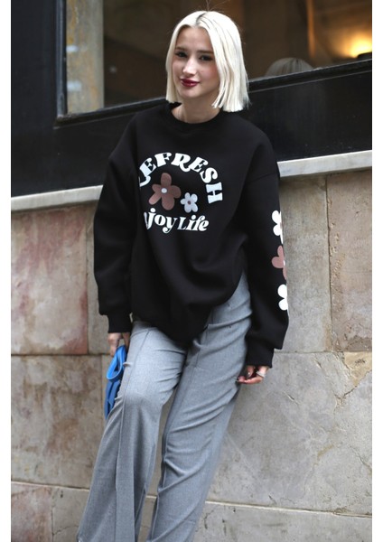 Siyah Bisiklet Yaka Baskılı Sweatshirt MG1572