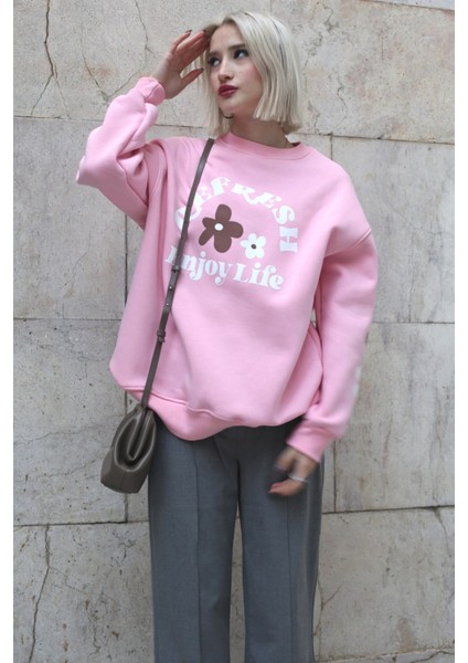 Pembe Bisiklet Yaka Baskılı Sweatshirt MG1572