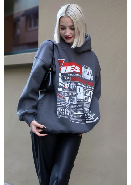 Antrasit Baskılı Oversize Kapüşonlu Kadın Sweatshirt MG1581