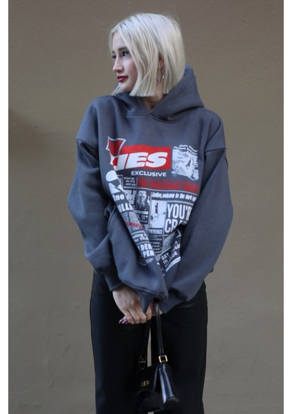 Antrasit Baskılı Oversize Kapüşonlu Kadın Sweatshirt MG1581