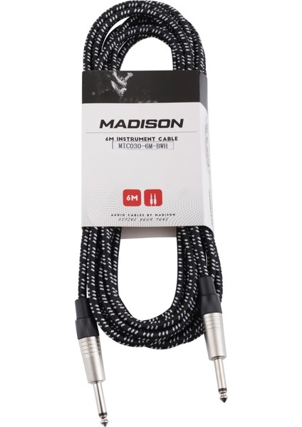 Örgülü Kumaş Gitar Kablosu 6 Metre - Siyah Beyaz Damalı