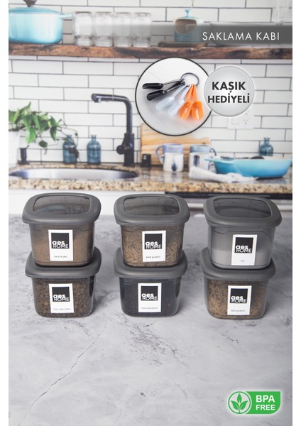 Aes Home Kırılmaz Kare Erzak Saklama Kabı Füme 0,5 lt x 6 Adet (6'lı Kaşık Seti ve Etiket)