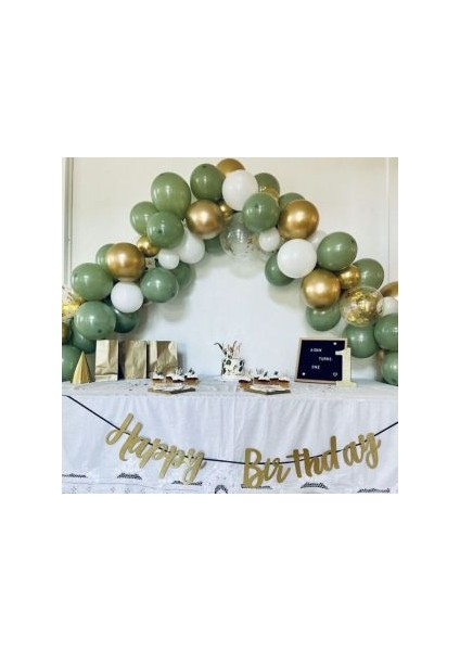 Happy Bırthday Kaligrafi Yazı- Küf Yeşili Balon Konseptli Doğum Günü Parti Seti