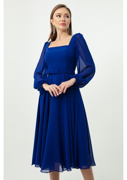 Kadın Saks Kare Yaka Kemerli Midi Şifon Abiye Elbise fiyatları