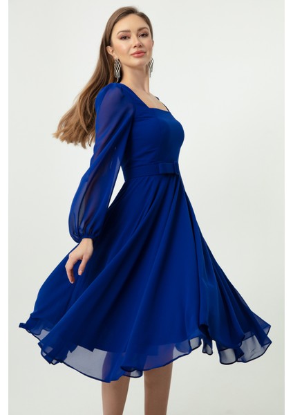 Kadın Saks Kare Yaka Kemerli Midi Şifon Abiye Elbise modelleri