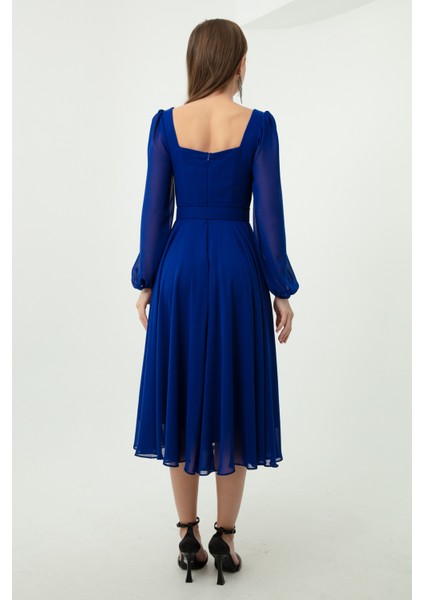 Kadın Saks Kare Yaka Kemerli Midi Şifon Abiye Elbise indirimleri