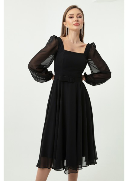Kadın Siyah Kare Yaka Kemerli Midi Şifon Abiye Elbise modelleri