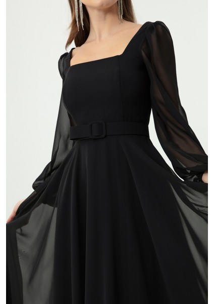 Kadın Siyah Kare Yaka Kemerli Midi Şifon Abiye Elbise fırsatları