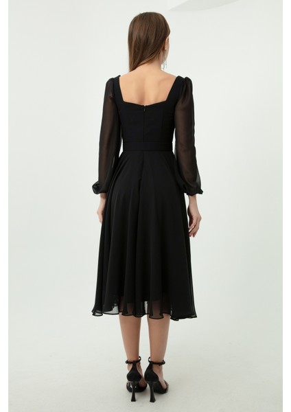Kadın Siyah Kare Yaka Kemerli Midi Şifon Abiye Elbise indirimleri
