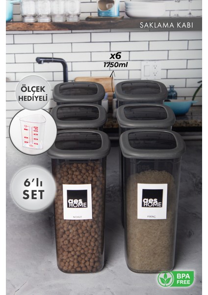 Aes Home Kırılmaz Kare Erzak Saklama Kabı Füme 1,75 lt x 6 Adet (6'lı Ölçek ve Etiket)