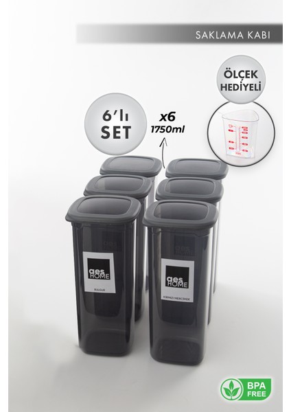 Aes Home Kırılmaz Kare Erzak Saklama Kabı Füme 1,75 lt x 6 Adet (6'lı Ölçek ve Etiket)