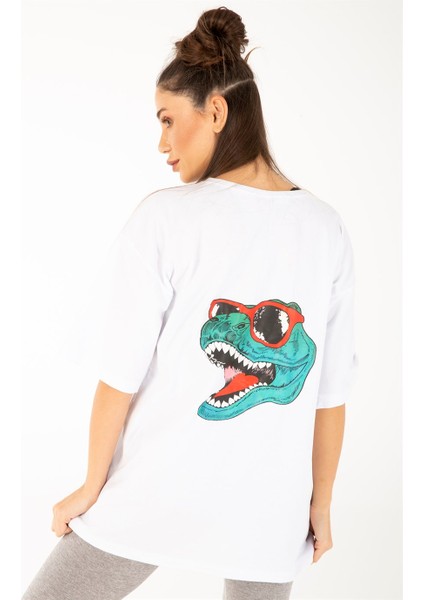 Kadın Sırt Baskılı Dinazor Oversize T-Shirt