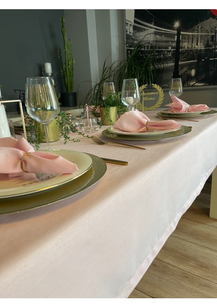 Dertsiz Simli Şeker Pembe Keten Dokulu Masa Örtüsü