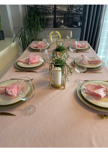 Dertsiz Simli Şeker Pembe Keten Dokulu Masa Örtüsü indirimleri