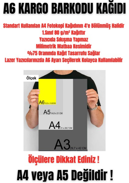 A6 Fotokopi Kağıdı 1000 Adet - (A4'ün Çeyreğidir) Lazer Yazıcılar için E-Ticaret Kargo Barkodu Ebatında