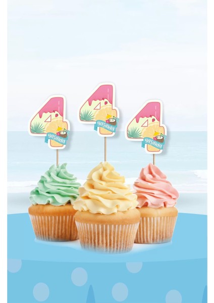 Summer Yaz Temalı 4 Yaşında Cupcake Süsü '10LU