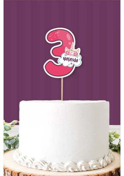 Unicorn Temalı 3 Yaş Pasta Süsü Kalın Kağıt 10x8 cm 1 Adet