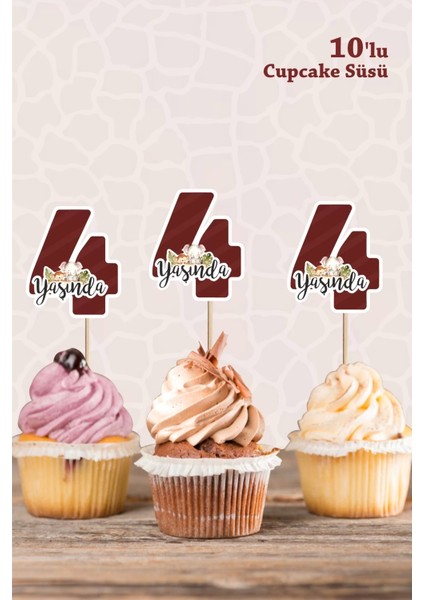Safari Hayvanları Pastel 4 Yaşında Cupcake Süsü *10'lu Kalın Kağıt