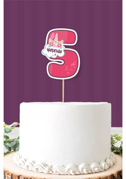 Unicorn Temalı 5 Yaşında (Beş) Pasta Süsü *kalın Kağıt