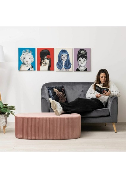 Velluto Lungo Lounge Gül Kurusu Puf - 90cm Oval Dekoratif Puf Koltuk