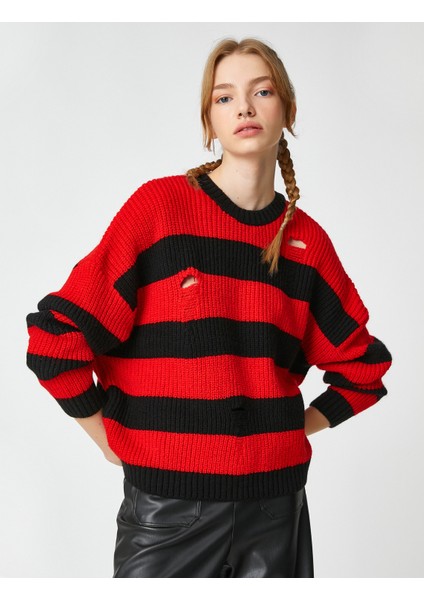 Örgü Kazak Ajurlu Bisiklet Yaka Uzun Kollu