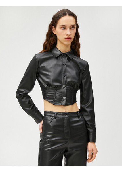 Deri Görünümlü Tişört Crop Korse Detaylı Uzun Kollu Düğmeli modelleri