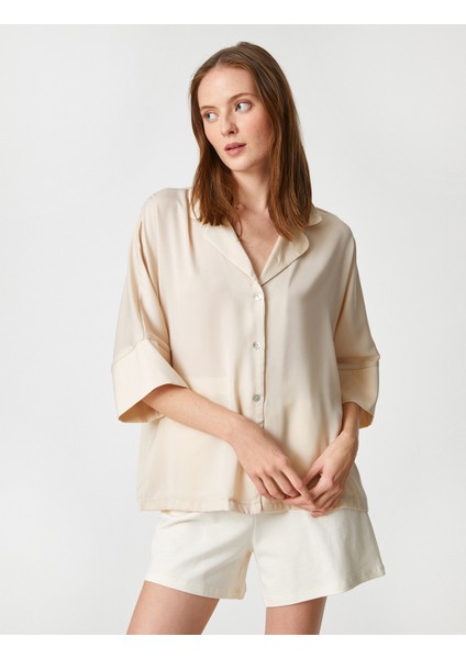 Saten Pijama Üstü Düğmeli Gömlek Yaka Kısa Kollu10