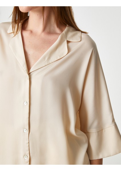 Saten Pijama Üstü Düğmeli Gömlek Yaka Kısa Kollu10 indirimleri