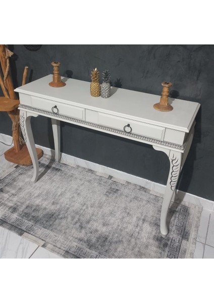9002 White Grey 120 cm Eskitme Oymalı Çekmeceli Ahşap Dresuar