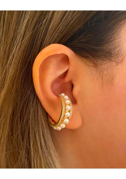 İnci Detaylı Taşlı Büyük Earcuff