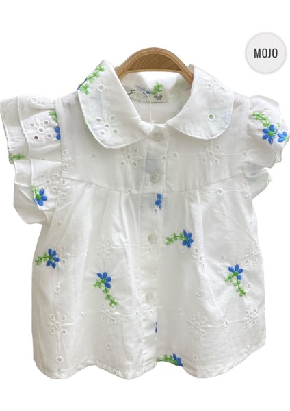Mojo Kız Çocuk Çiçek İşlemeli Güpür Gömlek 35472 Ekru-Mavi modelleri