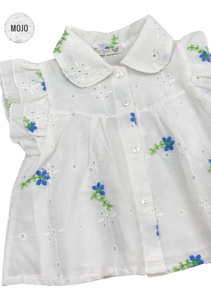 Mojo Kız Çocuk Çiçek İşlemeli Güpür Gömlek 35472 Ekru-Mavi indirimleri