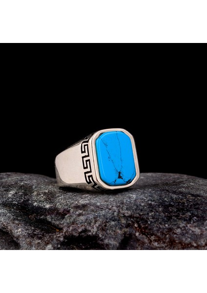 925 Ayar Gümüş Turkuaz Taşlı Desen Mitfli Erkek Yüzük